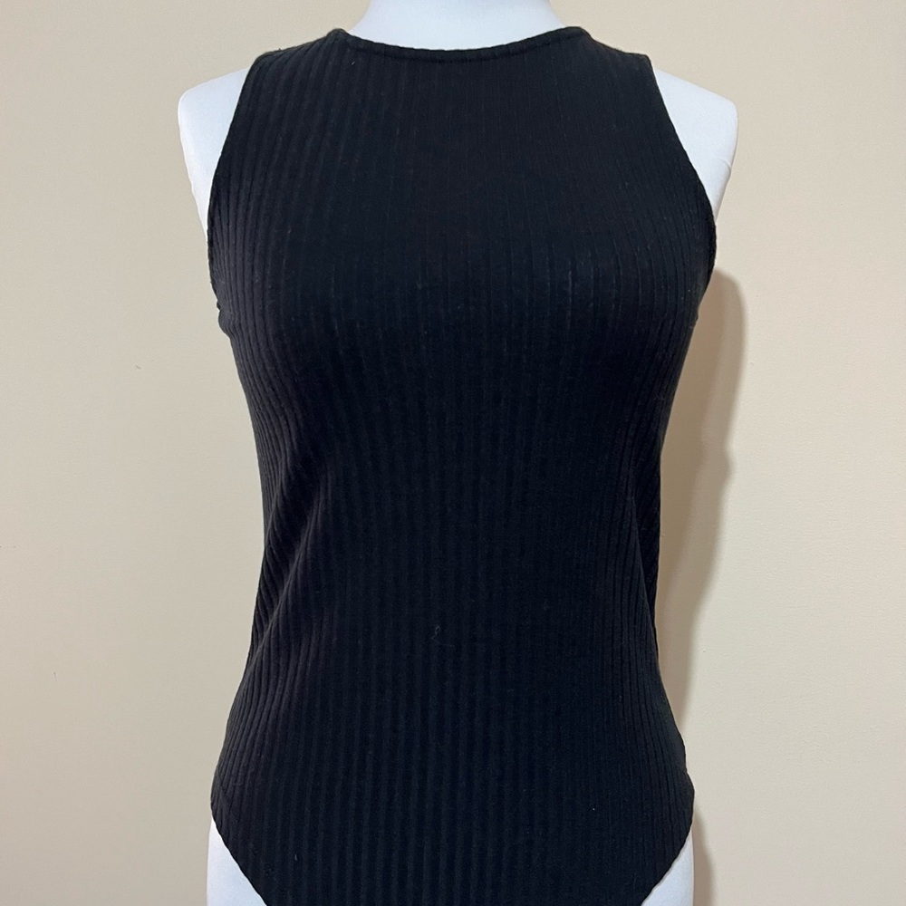 Nasty Gal Ribbed Sleeveless Bodysuit, Size 6, Black
